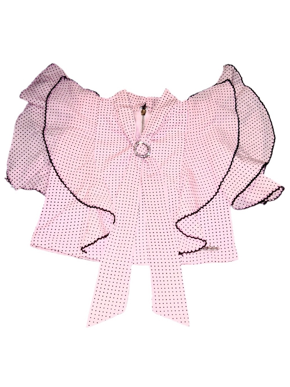 Pink Polka Dot Ruffled Bow Collar Crop Top Blouse Diamanté ring coquette